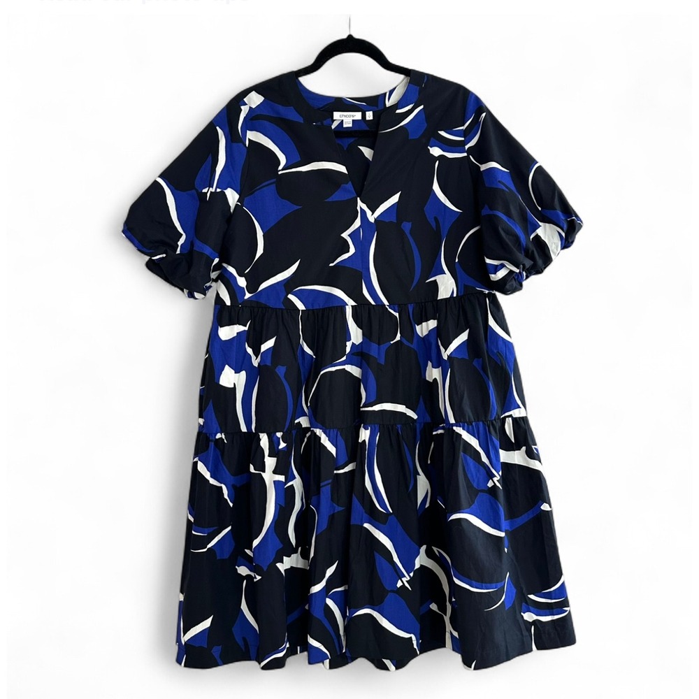 Chico's 1 Navy Blue Puff Sleeve Short Dress Tiered Pockets V-Neck Women's 8